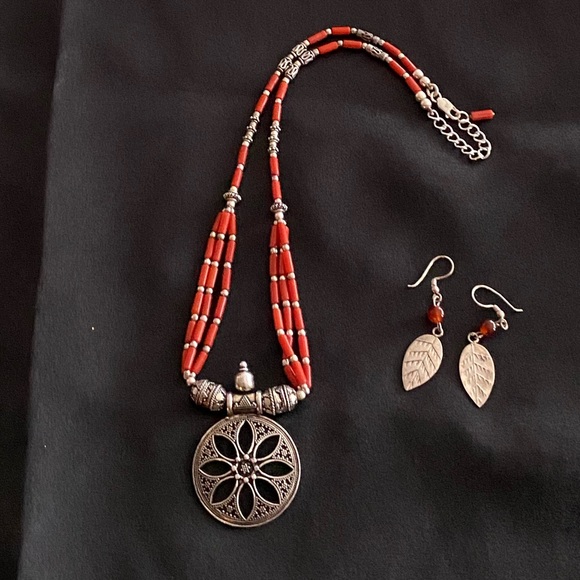 Sterling Silver and Coral Necklace and Earrings - Picture 1 of 2